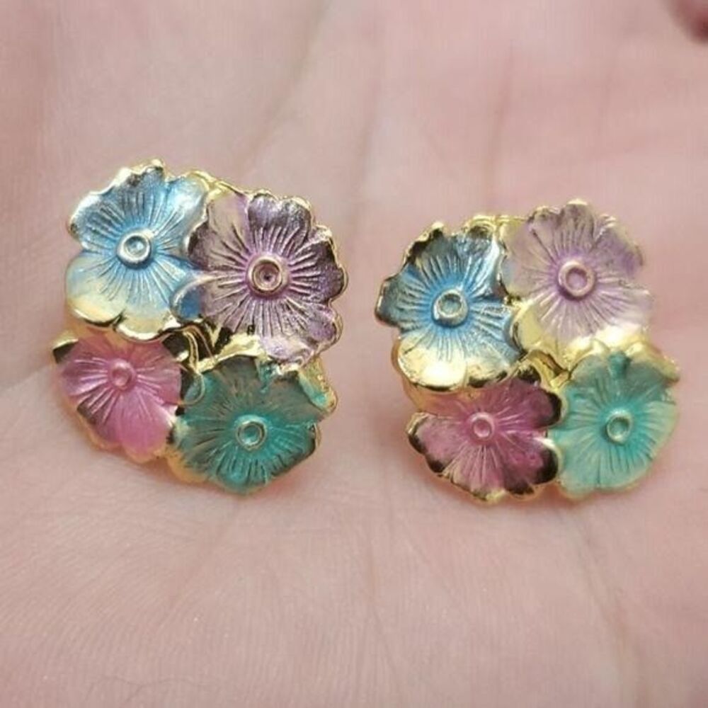 Gold Plated Green Blue Pink Purple Enamel Flower Earrings